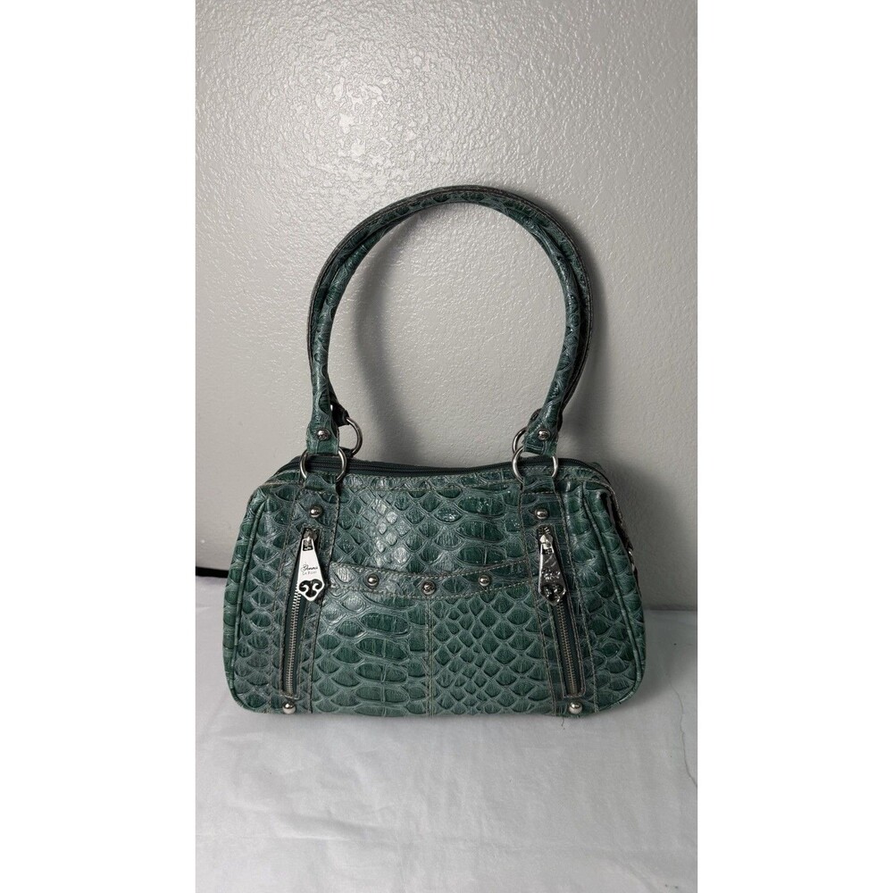 Genna De Rossi Green Croc Embossed Satchel Y2K Shoulder Bag Silver Hardware